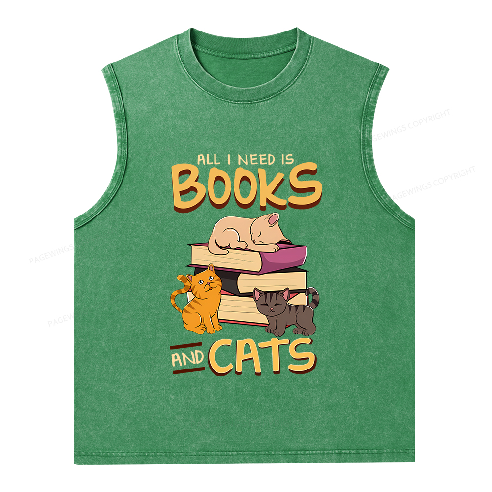 Pagewings All I Need Is Books And Cats Unisex Washed Tank Top