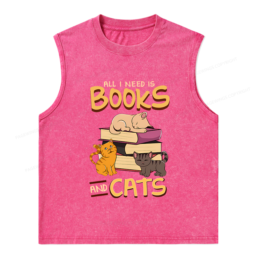 Pagewings All I Need Is Books And Cats Unisex Washed Tank Top