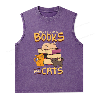 Pagewings All I Need Is Books And Cats Unisex Washed Tank Top