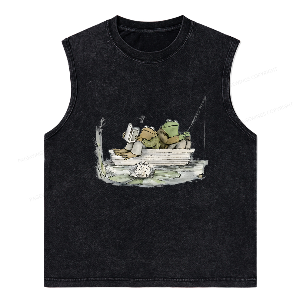 Pagewings Frog Reading Unisex Washed Tank Top