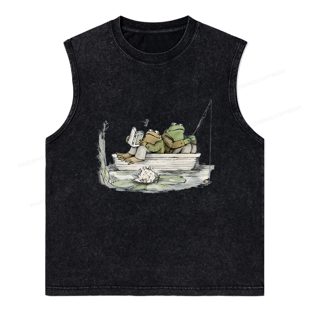 Pagewings Frog Reading Unisex Washed Tank Top
