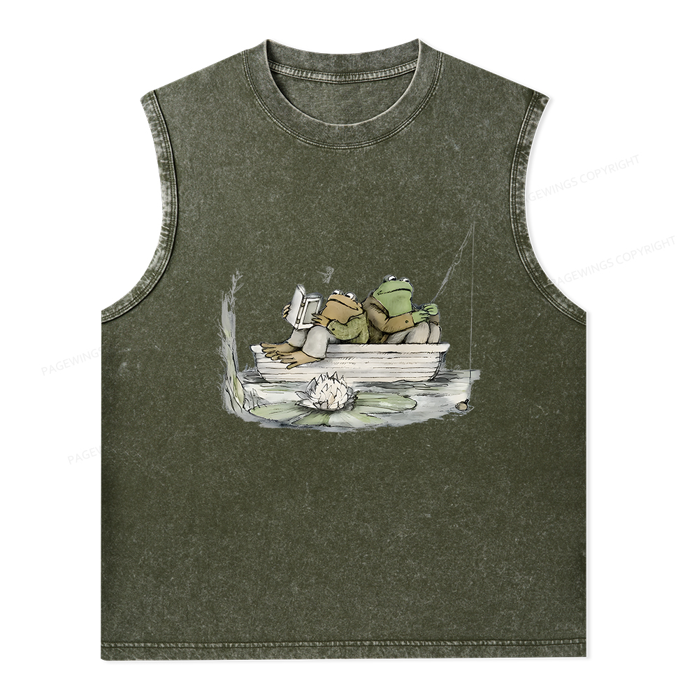 Pagewings Frog Reading Unisex Washed Tank Top