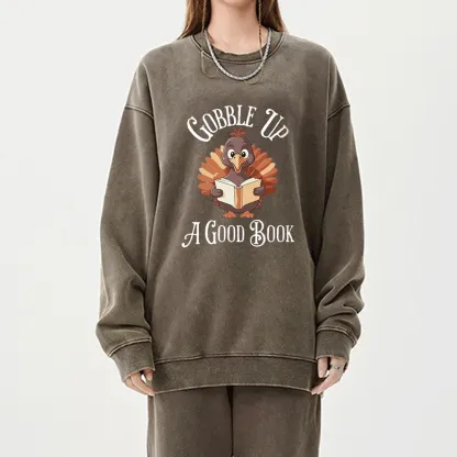 Pagewings Thanksgiving A Good Book  Unisex Washed Sweatshirt