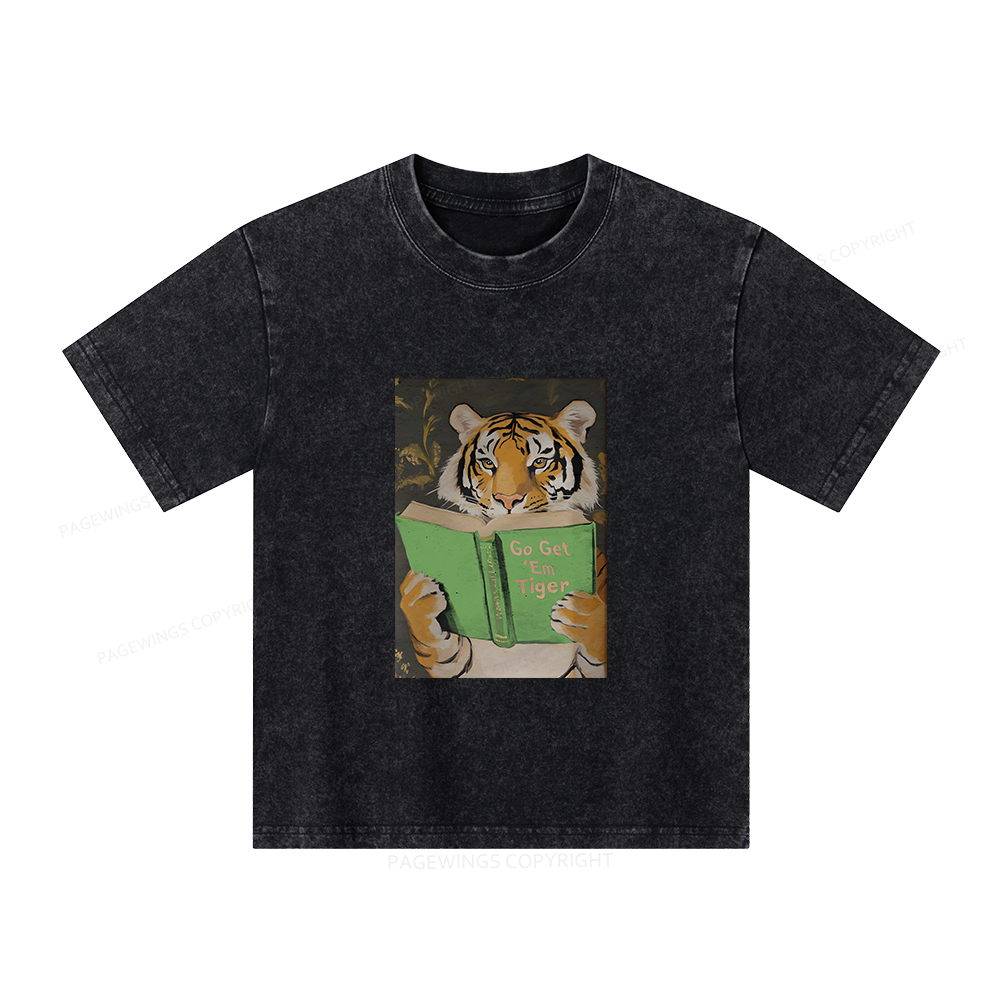 Pagewings Motivational Tiger Reading Unisex Kids Washed T-shirt