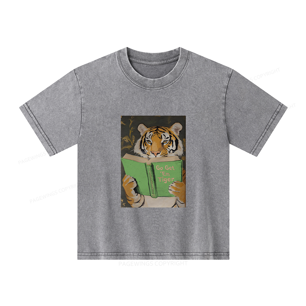 Pagewings Motivational Tiger Reading Unisex Kids Washed T-shirt