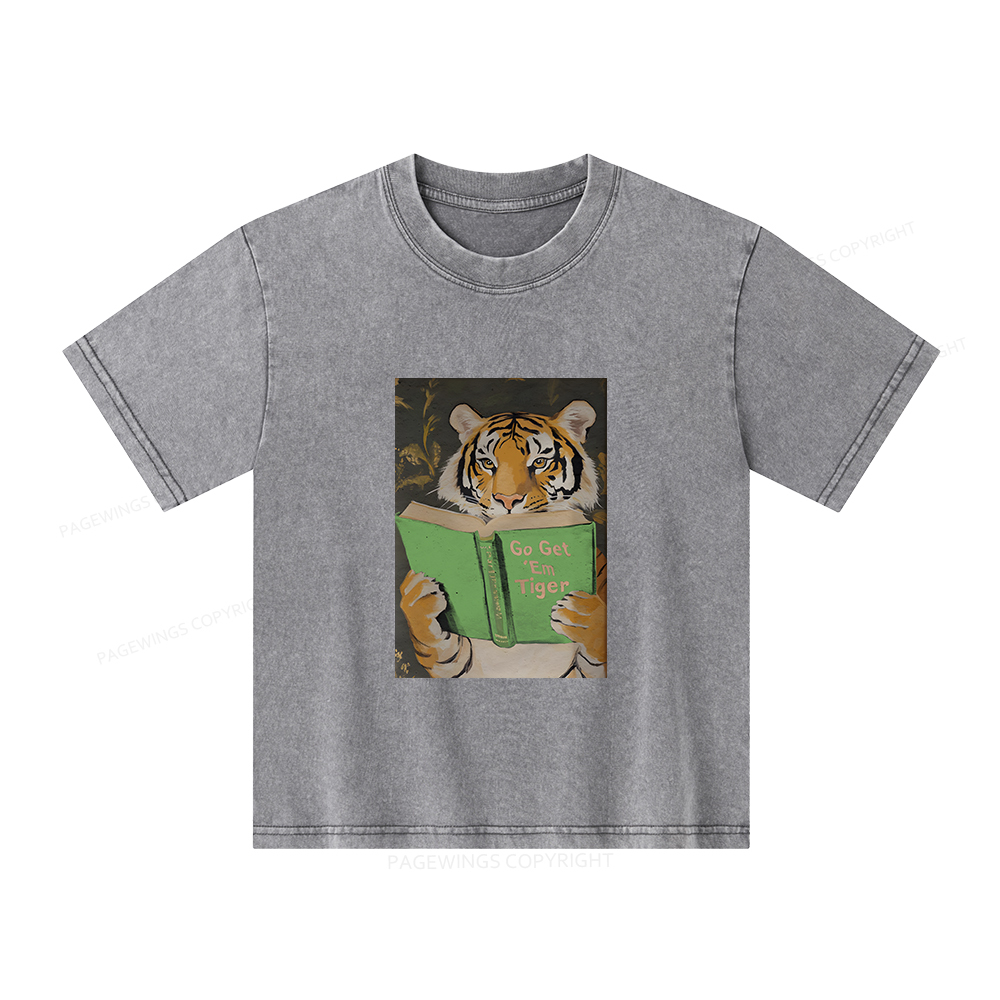 Pagewings Motivational Tiger Reading Unisex Kids Washed T-shirt