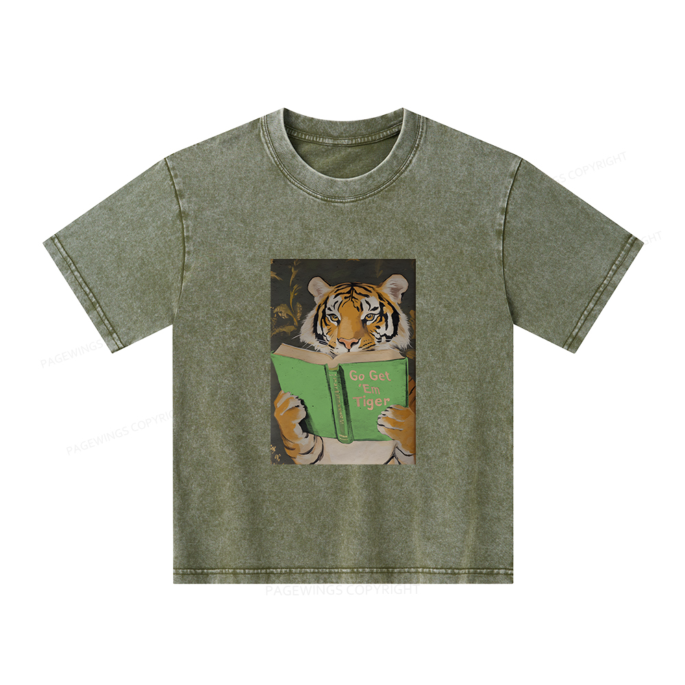 Pagewings Motivational Tiger Reading Unisex Kids Washed T-shirt