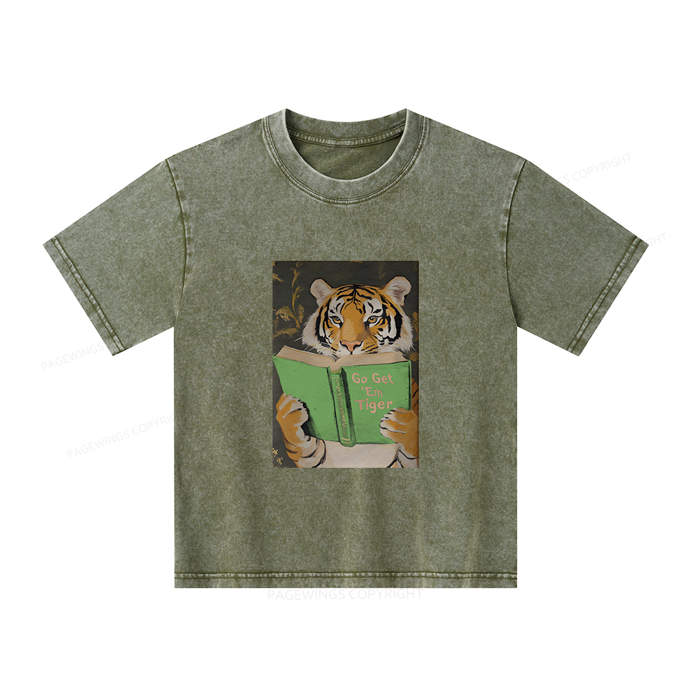 Pagewings Motivational Tiger Reading Unisex Kids Washed T-shirt