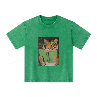 Pagewings Motivational Tiger Reading Unisex Kids Washed T-shirt