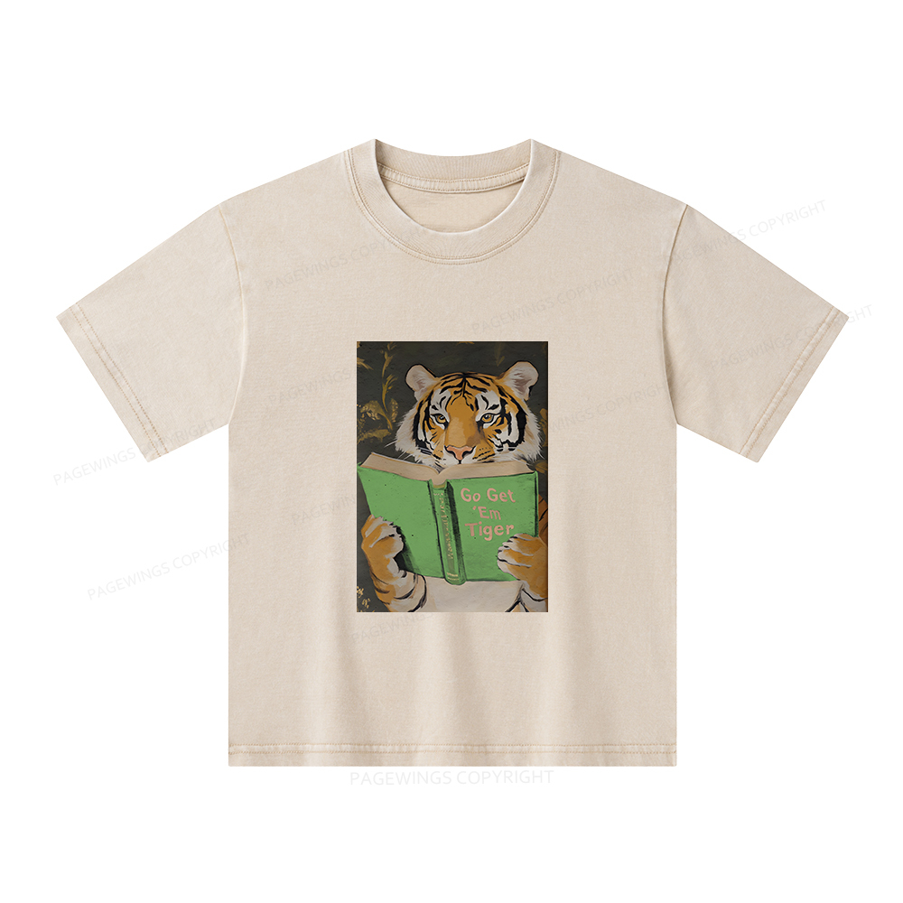 Pagewings Motivational Tiger Reading Unisex Kids Washed T-shirt