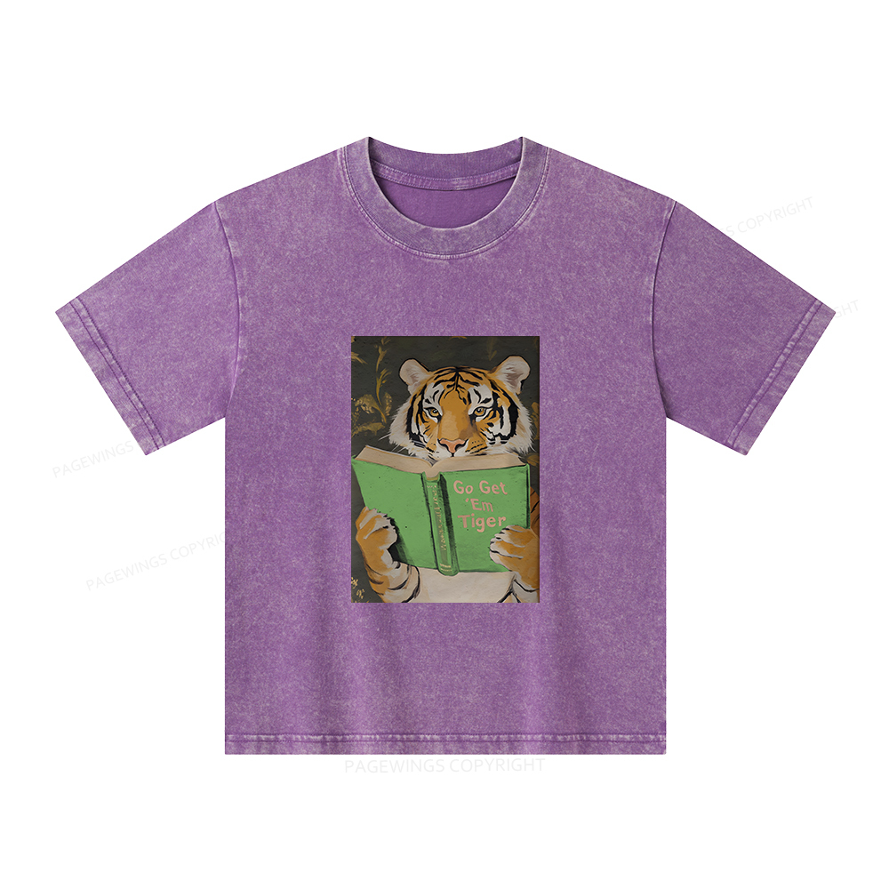 Pagewings Motivational Tiger Reading Unisex Kids Washed T-shirt