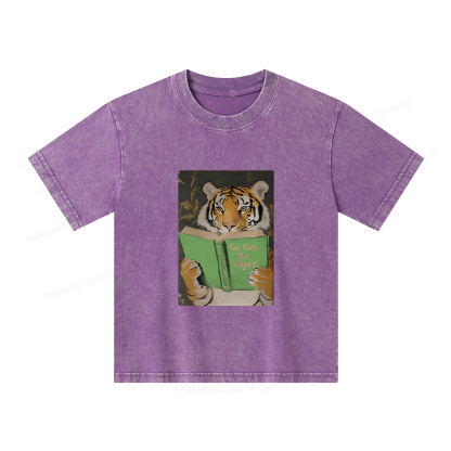 Pagewings Motivational Tiger Reading Unisex Kids Washed T-shirt