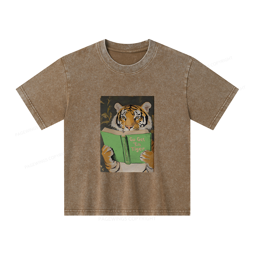 Pagewings Motivational Tiger Reading Unisex Kids Washed T-shirt