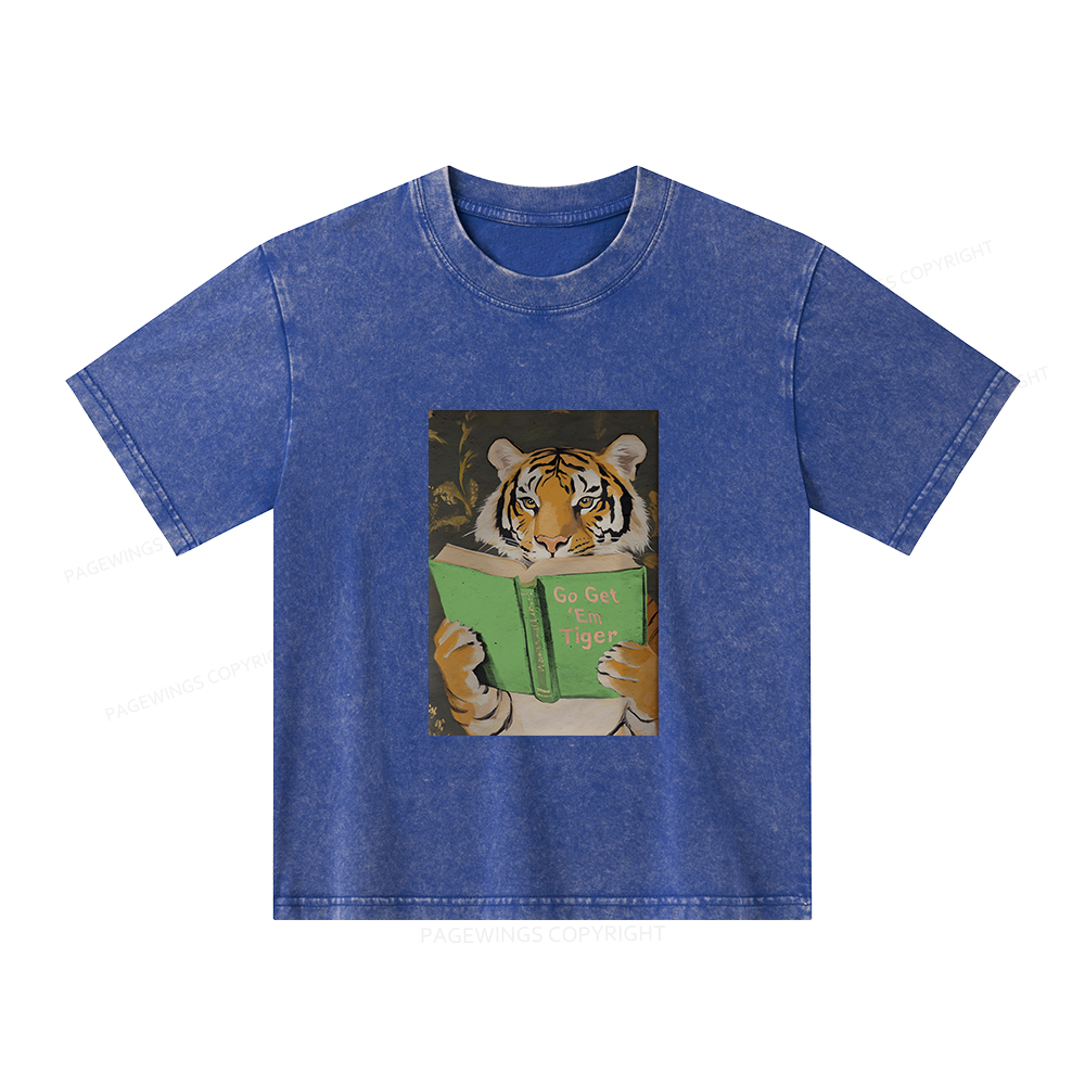 Pagewings Motivational Tiger Reading Unisex Kids Washed T-shirt