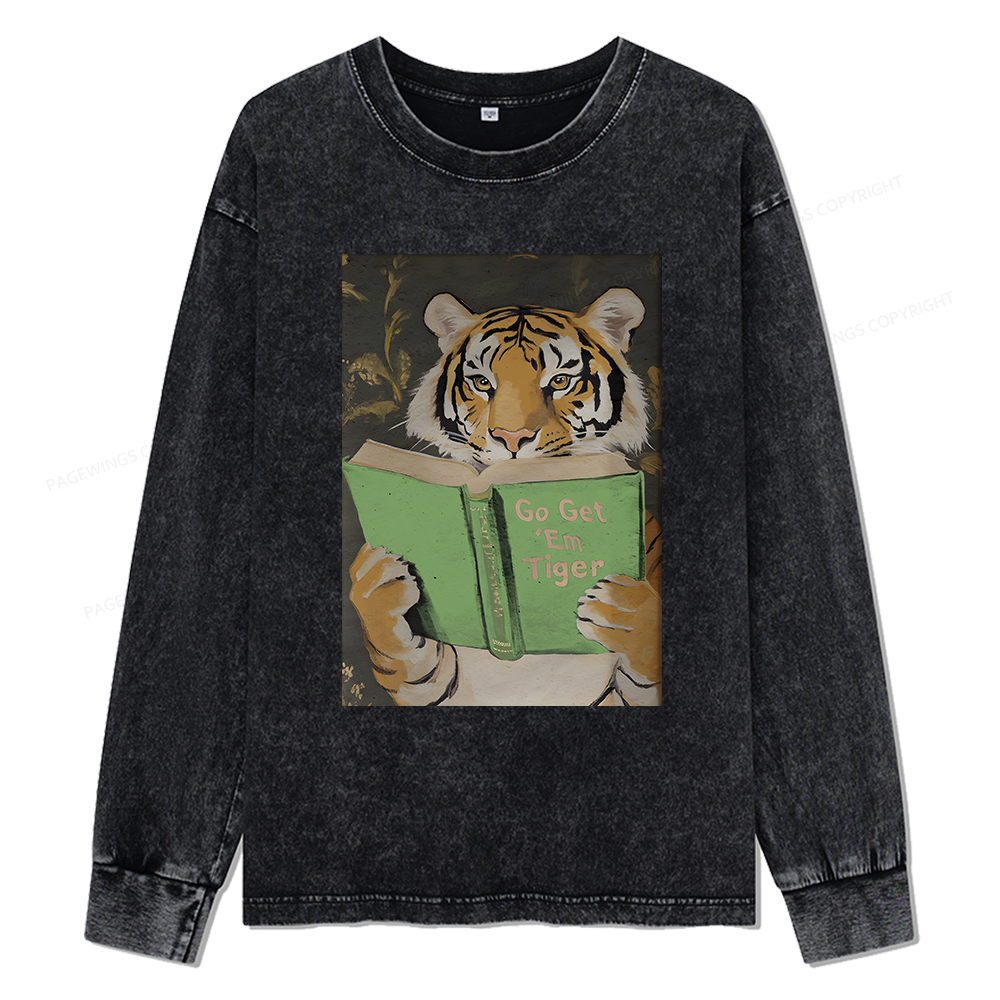 Pagewings Motivational Tiger Reading Unisex Washed Long Sleeve T-shirt