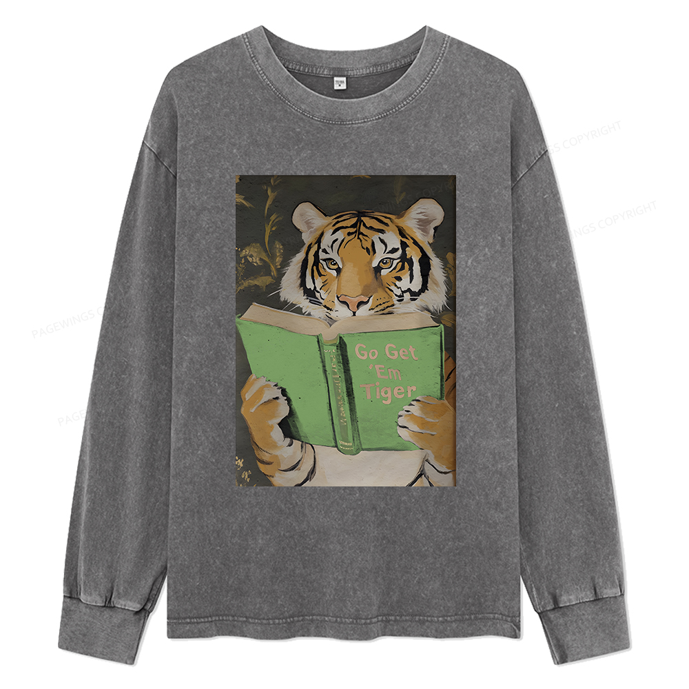 Pagewings Motivational Tiger Reading Unisex Washed Long Sleeve T-shirt
