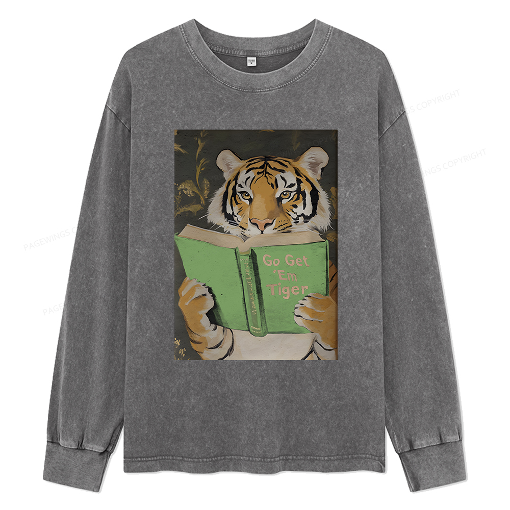 Pagewings Motivational Tiger Reading Unisex Washed Long Sleeve T-shirt