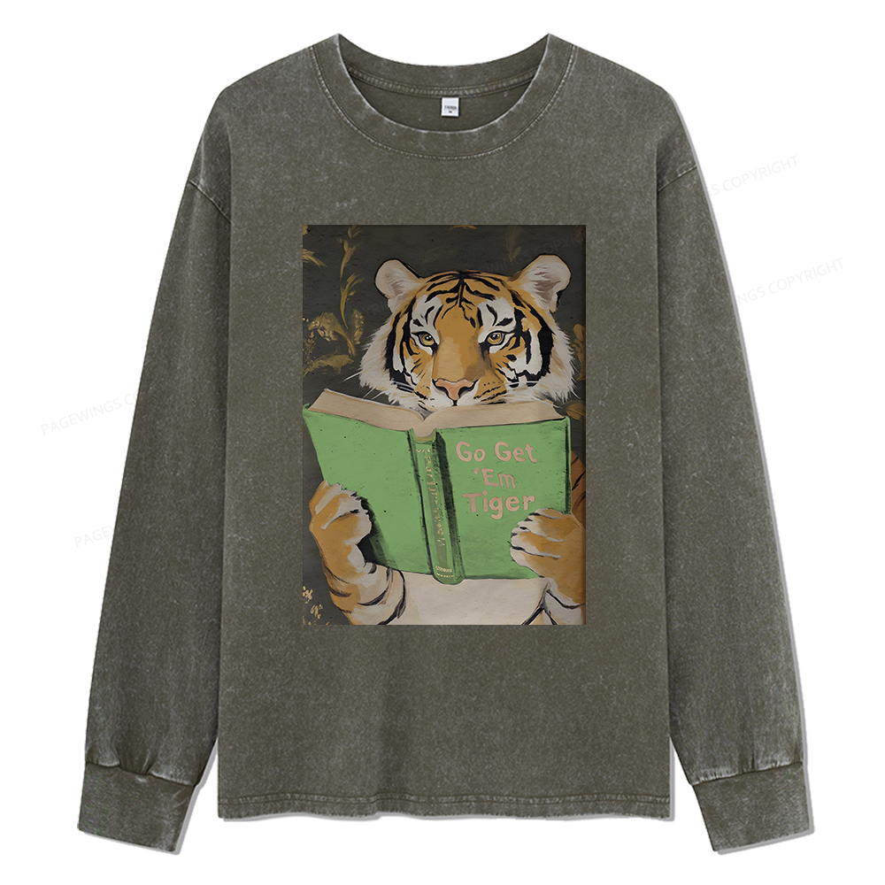 Pagewings Motivational Tiger Reading Unisex Washed Long Sleeve T-shirt