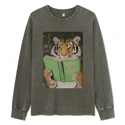 Pagewings Motivational Tiger Reading Unisex Washed Long Sleeve T-shirt