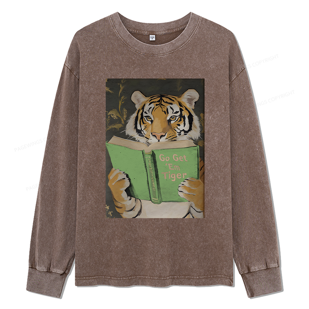 Pagewings Motivational Tiger Reading Unisex Washed Long Sleeve T-shirt