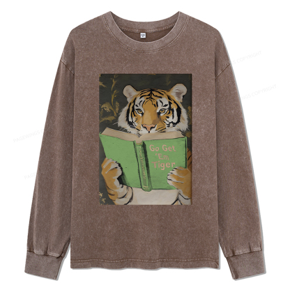 Pagewings Motivational Tiger Reading Unisex Washed Long Sleeve T-shirt