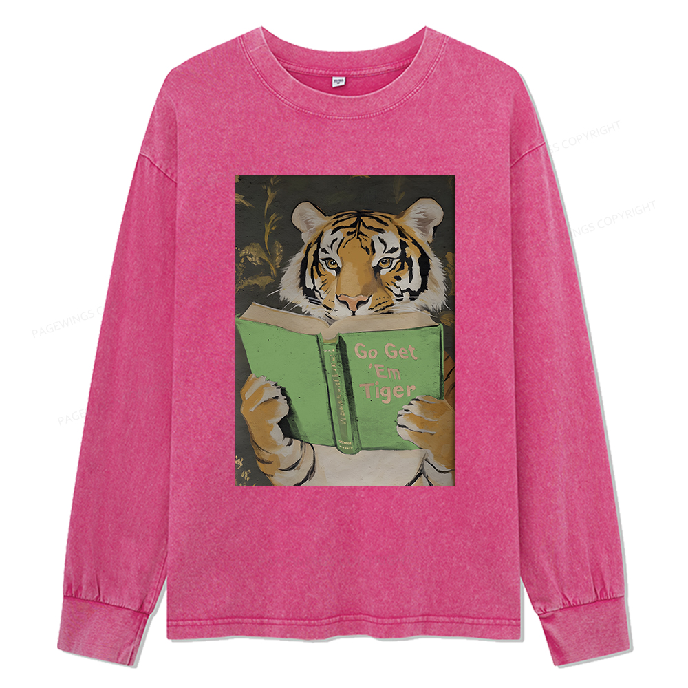 Pagewings Motivational Tiger Reading Unisex Washed Long Sleeve T-shirt