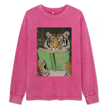 Pagewings Motivational Tiger Reading Unisex Washed Long Sleeve T-shirt