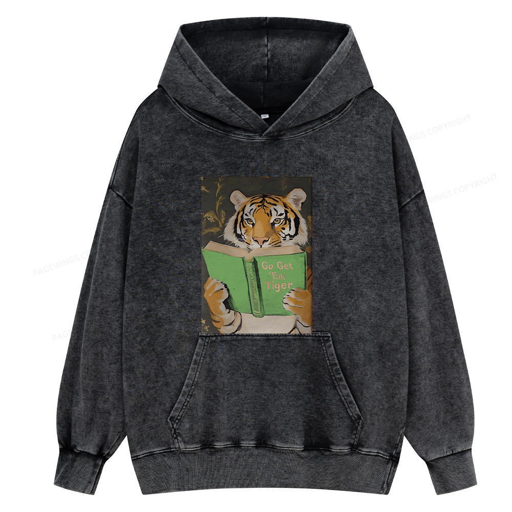 Pagewings Motivational Tiger Reading Unisex Washed Hoodie