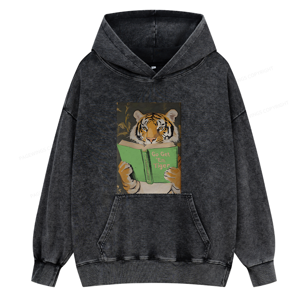 Pagewings Motivational Tiger Reading Unisex Washed Hoodie