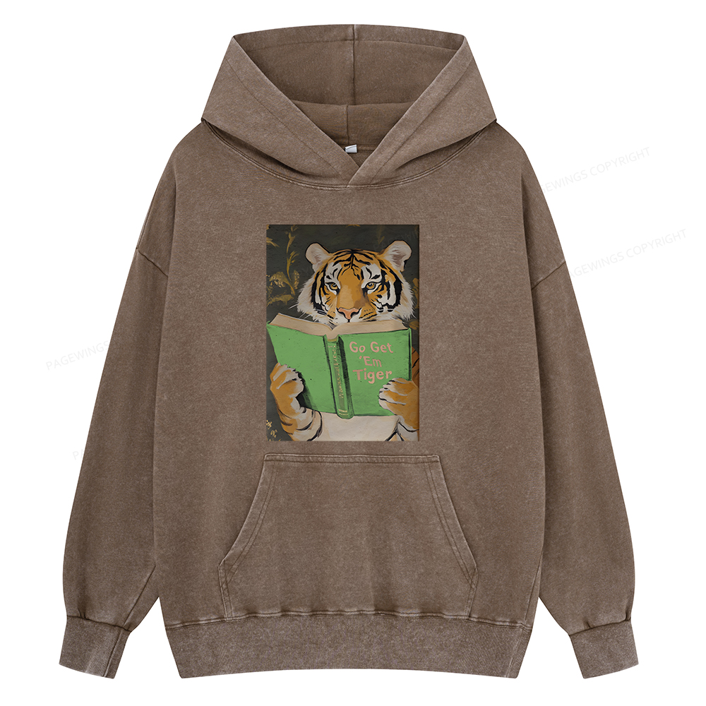 Pagewings Motivational Tiger Reading Unisex Washed Hoodie