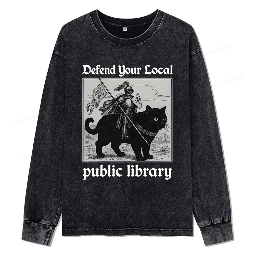 Pagewings Defend Your Local public library Unisex Washed Long Sleeve T-shirt