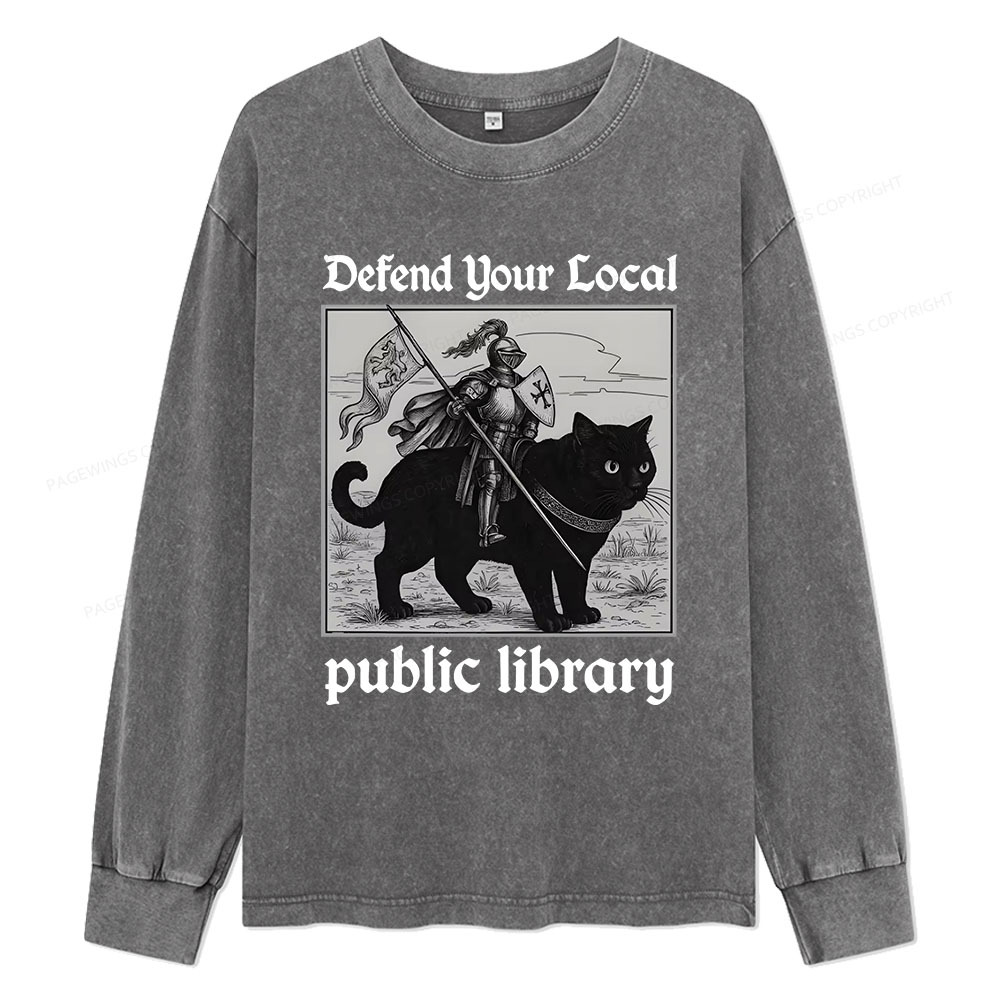 Pagewings Defend Your Local public library Unisex Washed Long Sleeve T-shirt