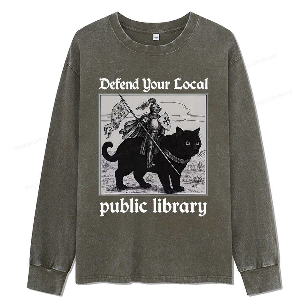 Pagewings Defend Your Local public library Unisex Washed Long Sleeve T-shirt