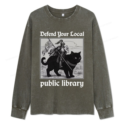 Pagewings Defend Your Local public library Unisex Washed Long Sleeve T-shirt