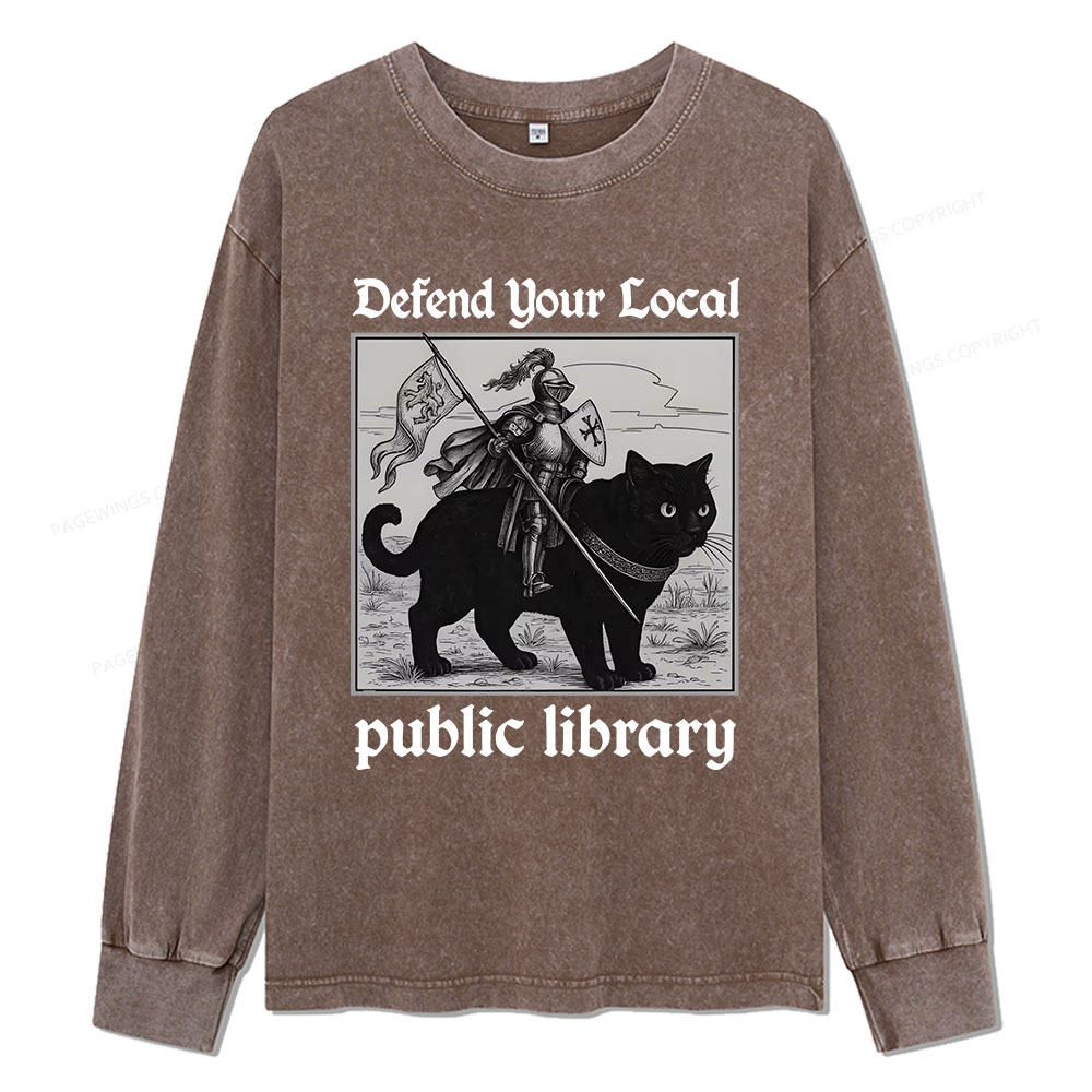 Pagewings Defend Your Local public library Unisex Washed Long Sleeve T-shirt