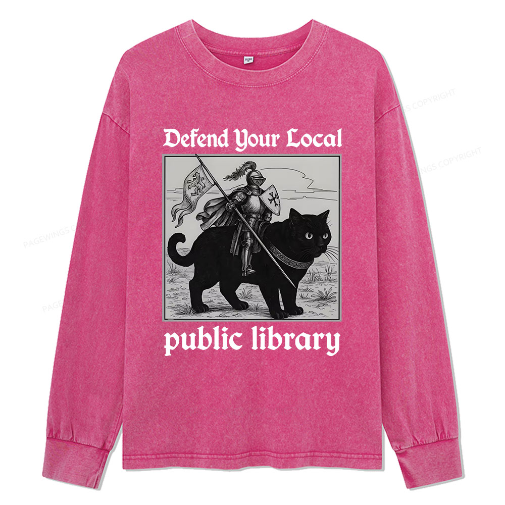 Pagewings Defend Your Local public library Unisex Washed Long Sleeve T-shirt