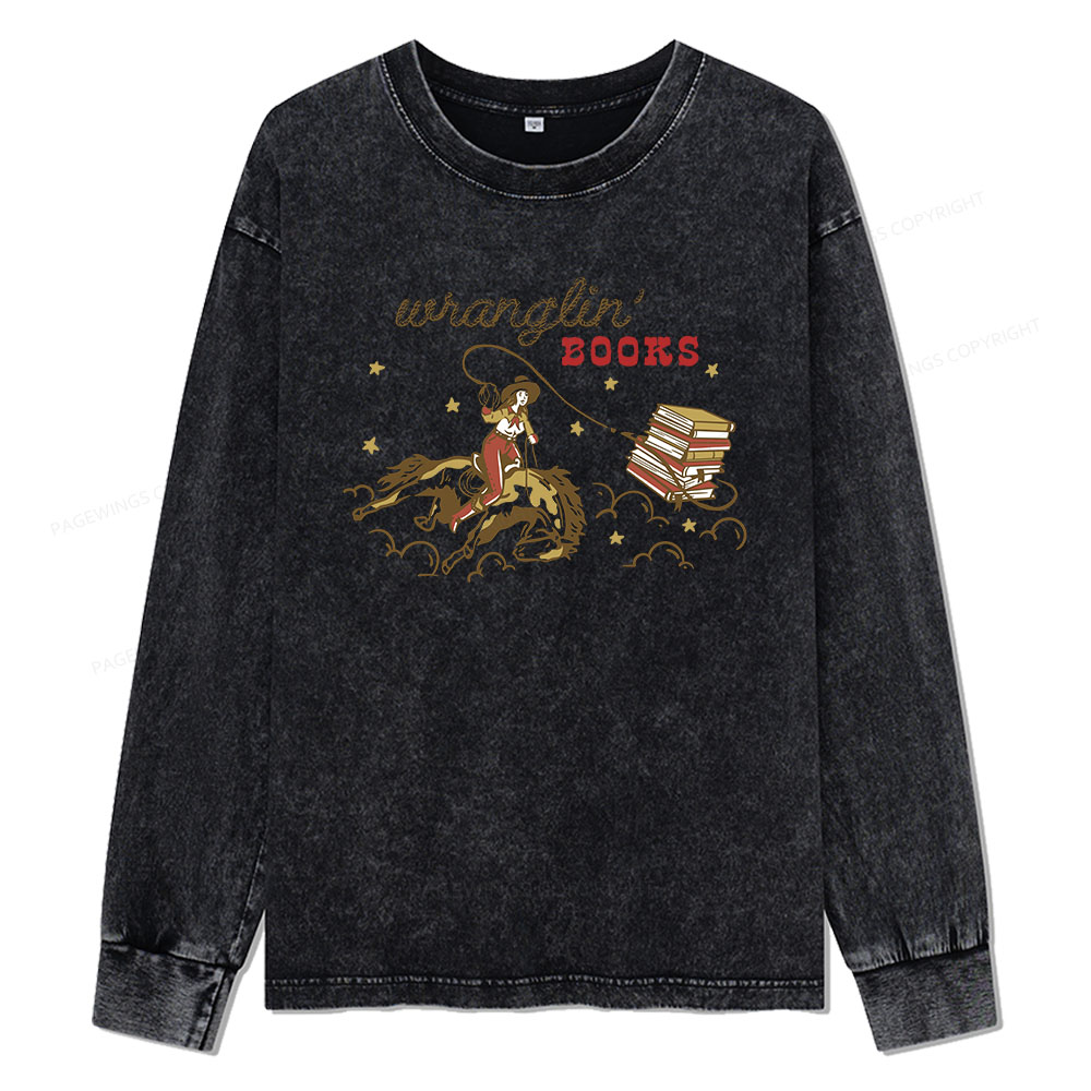 Pagewings Wranglin' Books Unisex Washed Long Sleeve T-shirt