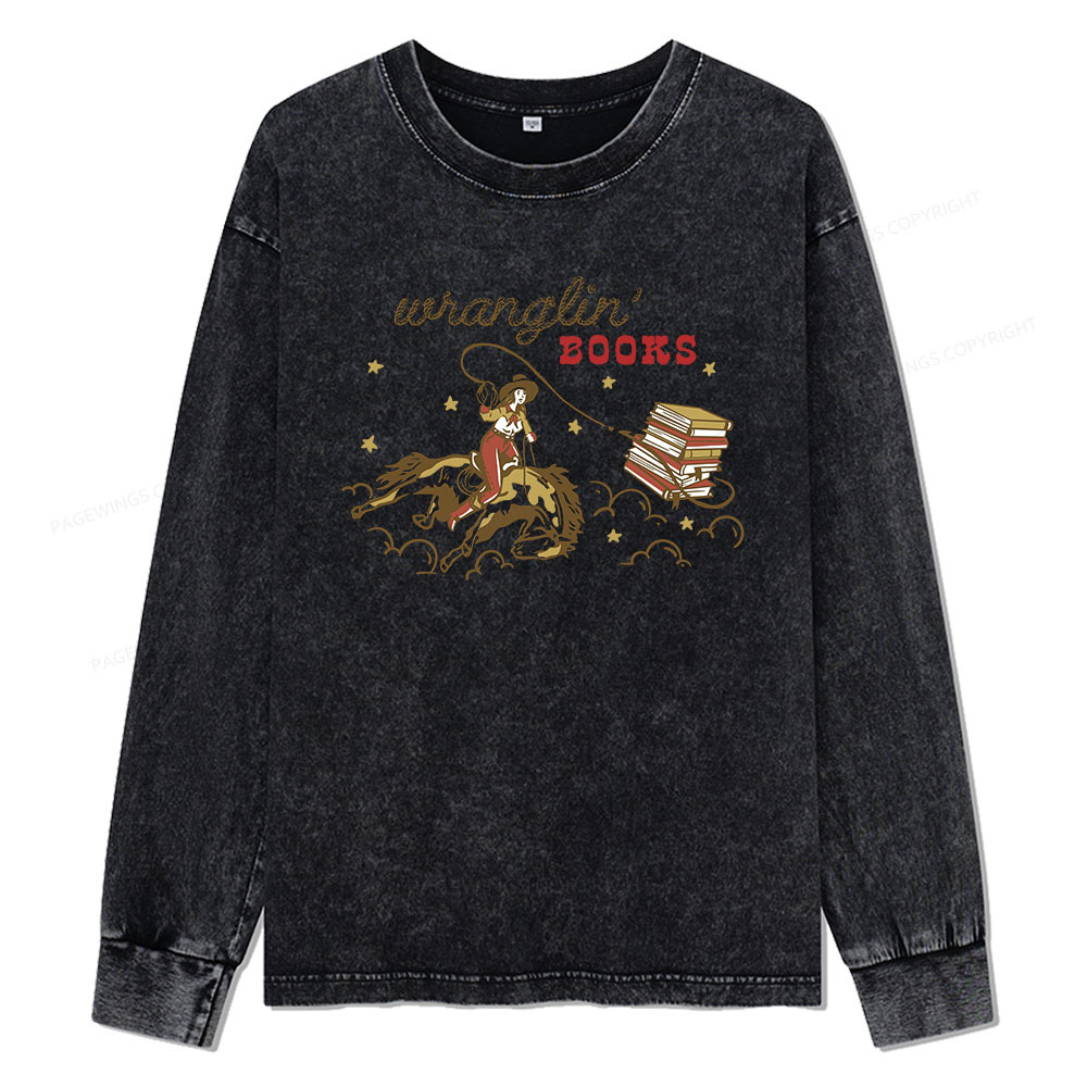 Pagewings Wranglin' Books Unisex Washed Long Sleeve T-shirt