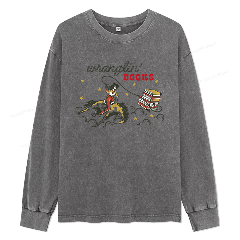 Pagewings Wranglin' Books Unisex Washed Long Sleeve T-shirt