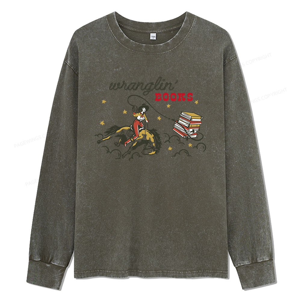 Pagewings Wranglin' Books Unisex Washed Long Sleeve T-shirt