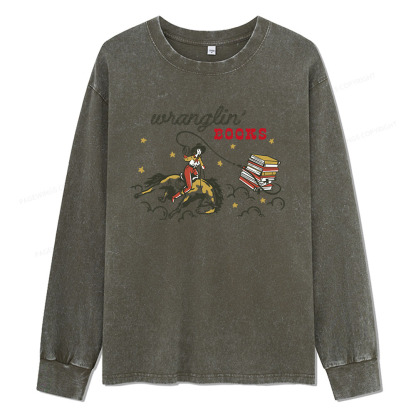 Pagewings Wranglin' Books Unisex Washed Long Sleeve T-shirt