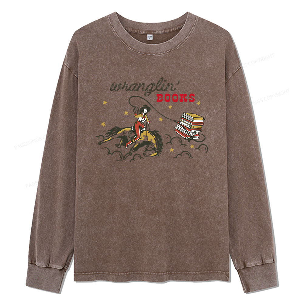 Pagewings Wranglin' Books Unisex Washed Long Sleeve T-shirt