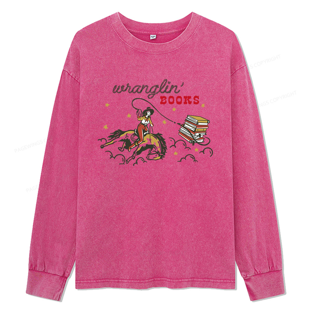 Pagewings Wranglin' Books Unisex Washed Long Sleeve T-shirt