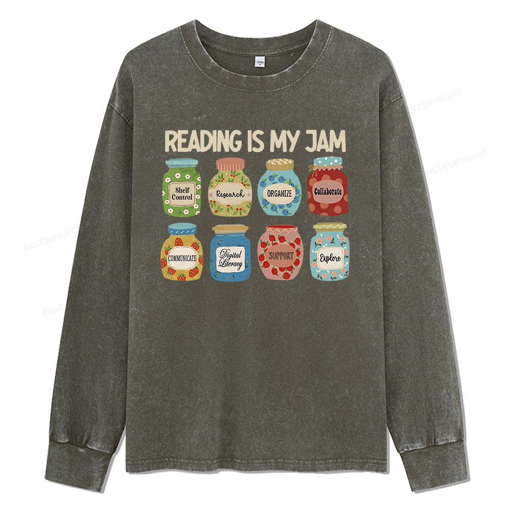 Pagewings Reading is My Jam Bookworm Unisex Washed Long Sleeve T-shirt