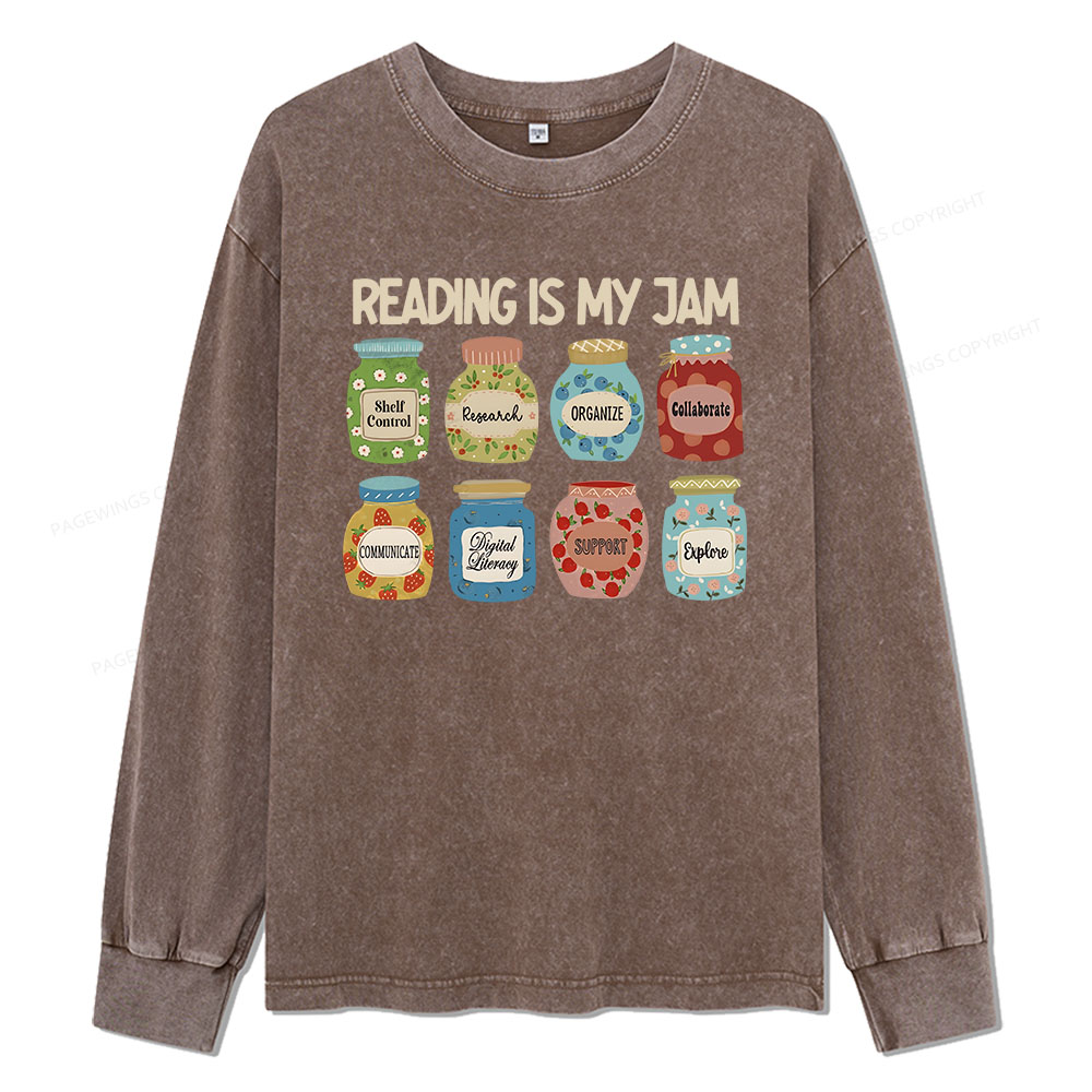 Pagewings Reading is My Jam Bookworm Unisex Washed Long Sleeve T-shirt
