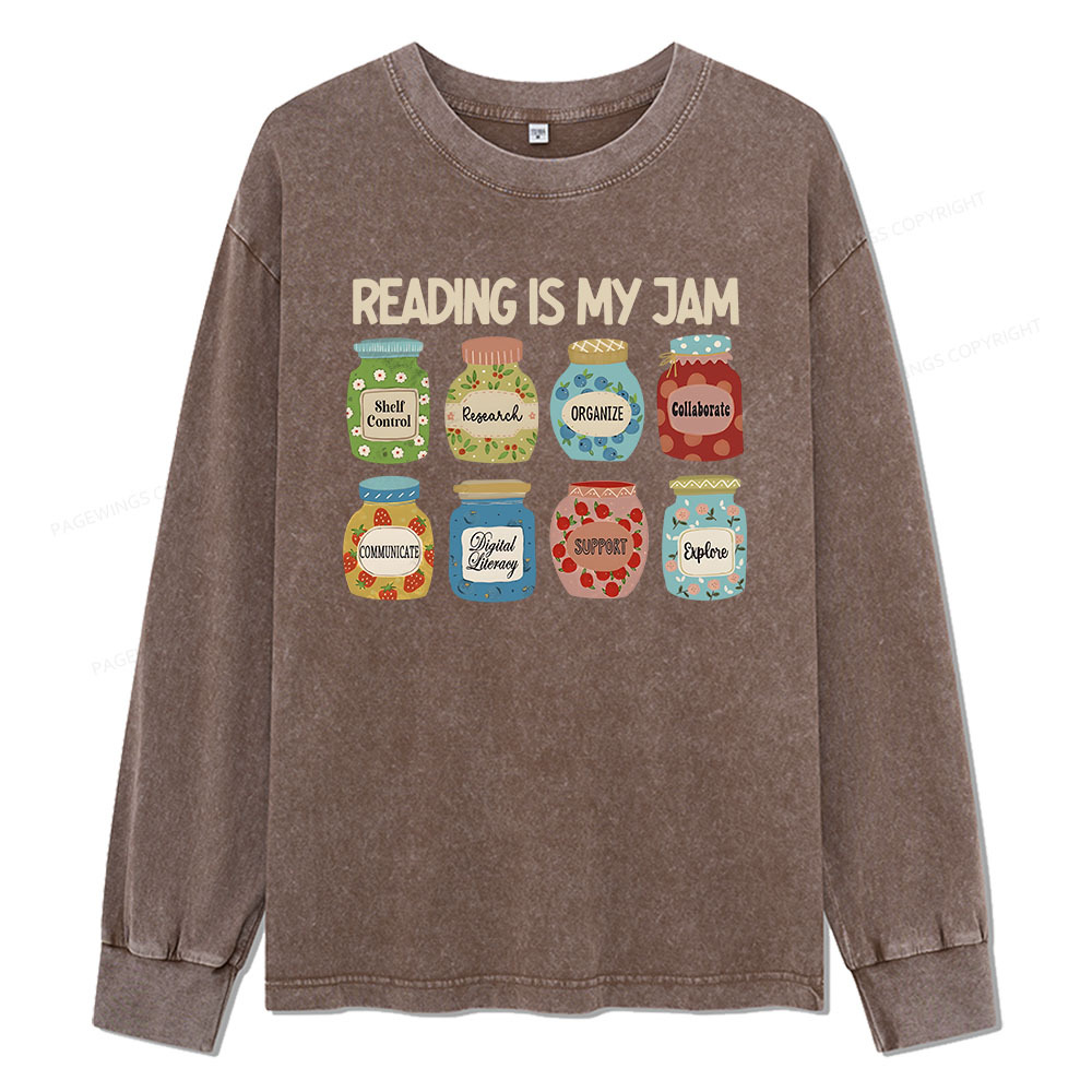 Pagewings Reading is My Jam Bookworm Unisex Washed Long Sleeve T-shirt