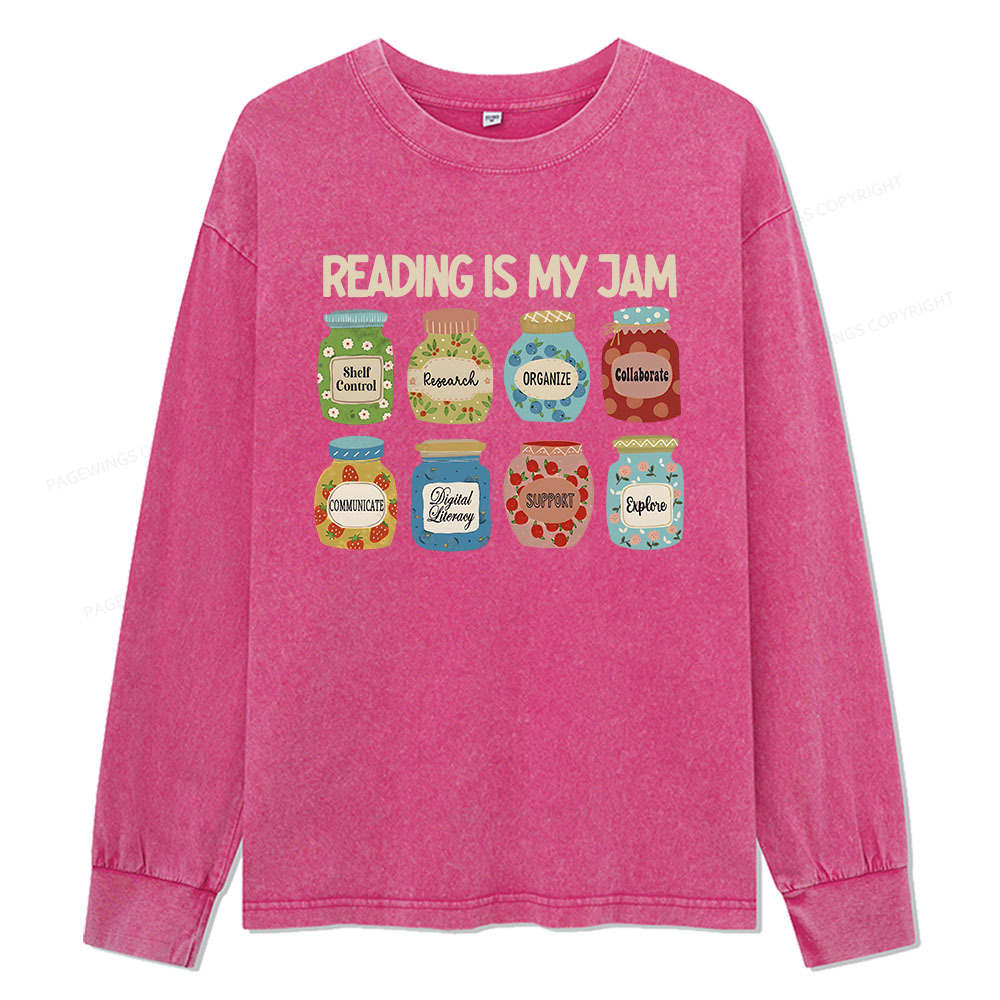 Pagewings Reading is My Jam Bookworm Unisex Washed Long Sleeve T-shirt