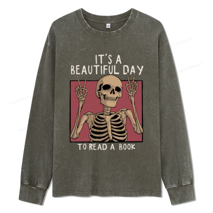 Pagewings It's A Beautiful Day To Read A Book Unisex Washed Long Sleeve T-shirt