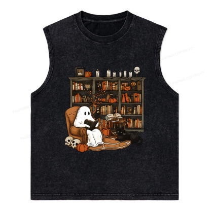 Pagewings Halloween Ghost Reading Books Unisex Washed Tank Top