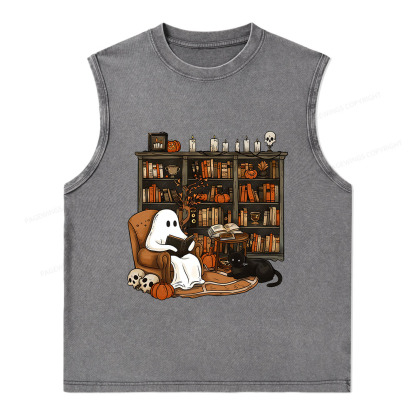 Pagewings Halloween Ghost Reading Books Unisex Washed Tank Top